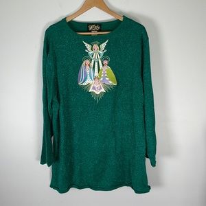 Bob Mackie 1X Green Sparkle Nativity Top